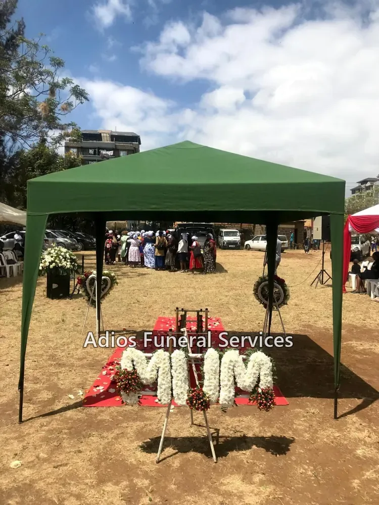 Graveside setup by Adios Funeral Services with a green gazebo, red carpet and floral tribute