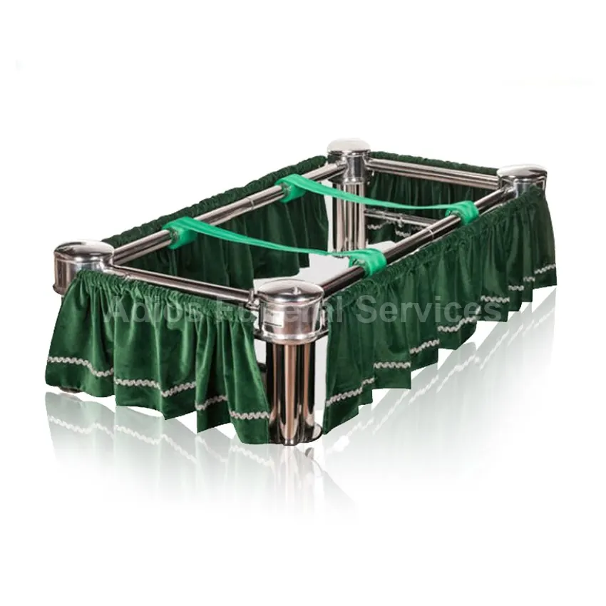 Chrome casket lowering gear with green skirting