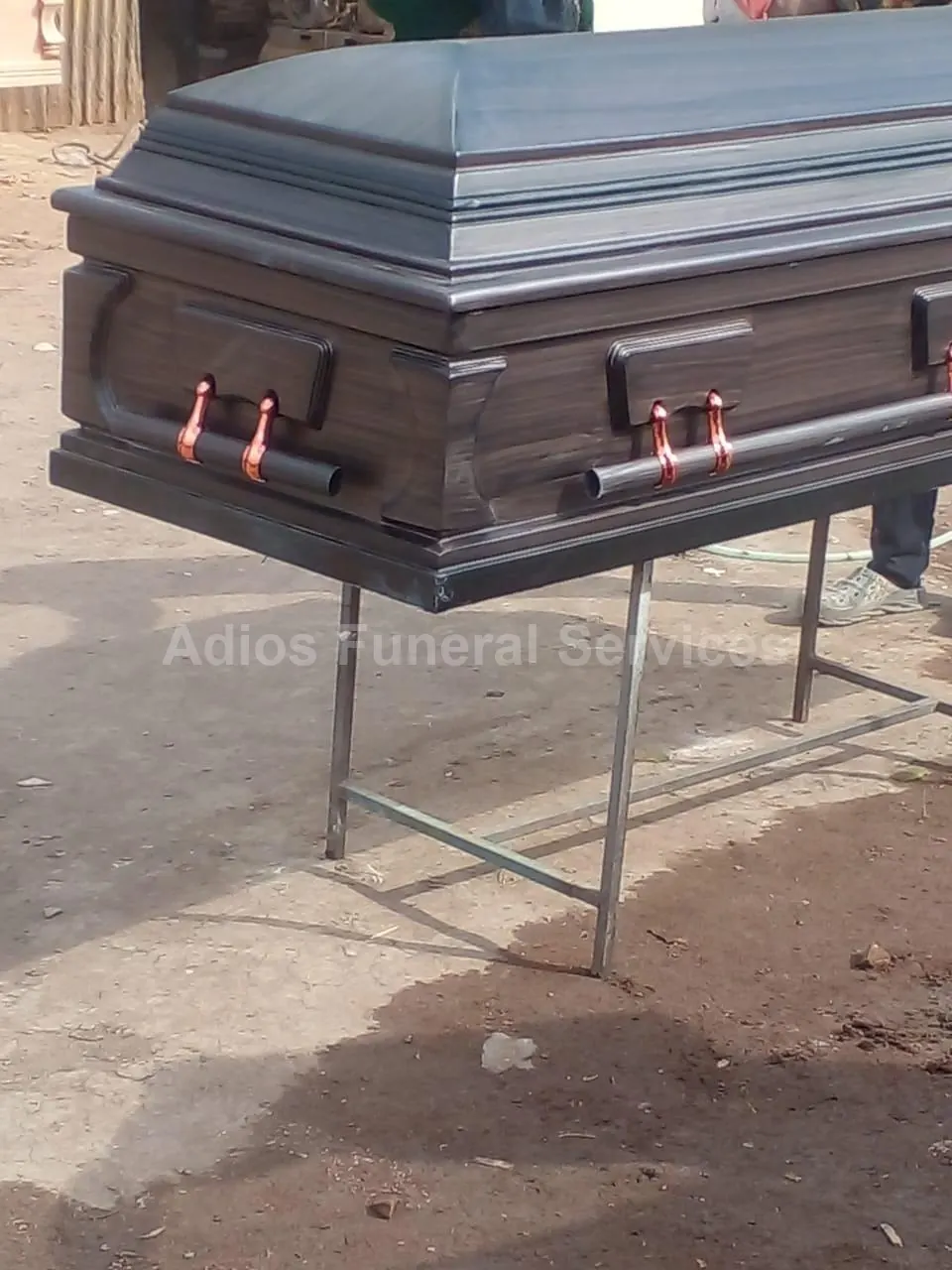 Dark wooden coffin on a stand