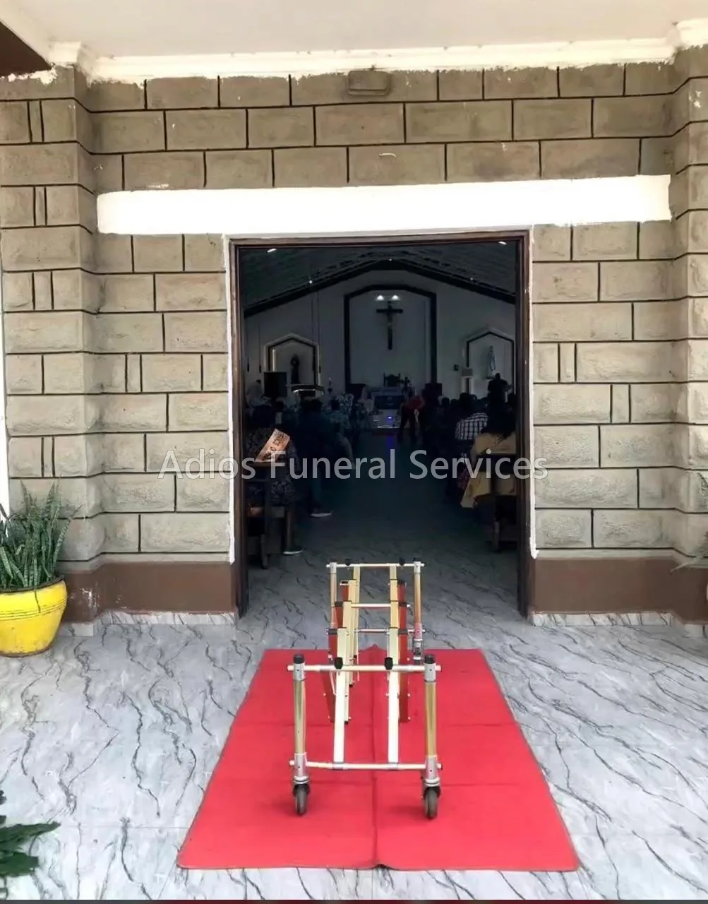 Church trolley on a red carpet at a church entrance