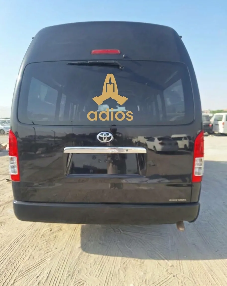 Adios Funeral Services Toyota Hiace hearse van, rear view with the Adios logo